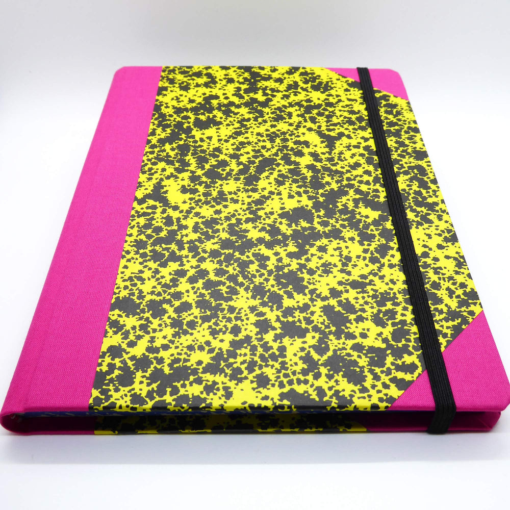 Bright Yellow Notebook with black pattern, pink trim and black elastic. Emilio Braga Cloud Print A5 Notebook - Yellow - Leaves Stationery Store